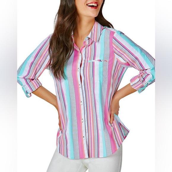 Foxcroft Reese Stripe Seersucker UPF Top Size 10P Colorful Wrinkle Free Roll Tab - Picture 3 of 16